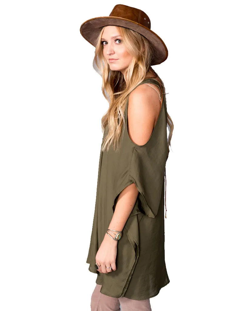Show Me Your Mumu Peta-Boo Tunic in Olive Silky Satin