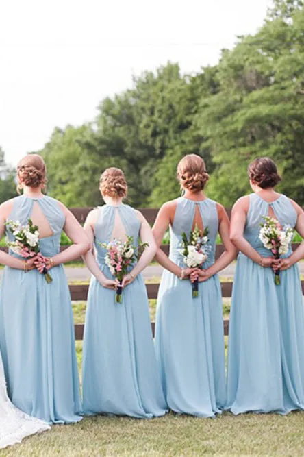 Simple A Line Long Round Neck Light Blue Chiffon Bridesmaid Dress with Ruched OHS147