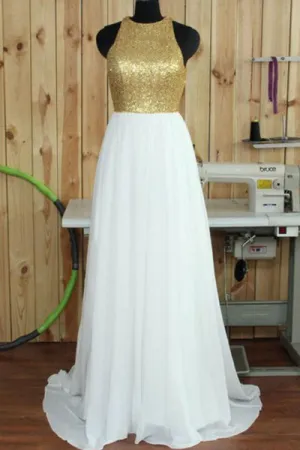 Simple A-line Round Neck Sweep Train Open Back White Prom Dress with Sequins LPD043