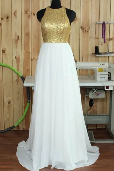 Simple A-line Round Neck Sweep Train Open Back White Prom Dress with Sequins LPD043