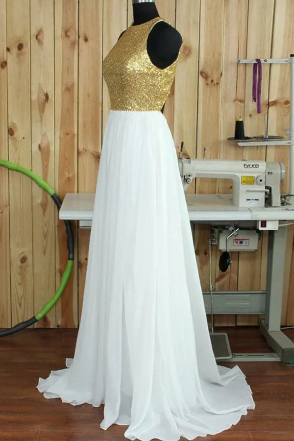 Simple A-line Round Neck Sweep Train Open Back White Prom Dress with Sequins LPD043