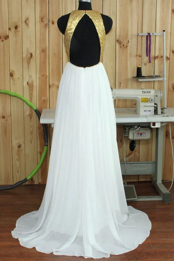 Simple A-line Round Neck Sweep Train Open Back White Prom Dress with Sequins LPD043