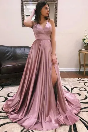 Simple A Line Spaghetti Straps Purple Prom Dresses Long Split Front OVR001