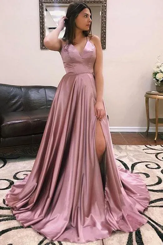 Simple A Line Spaghetti Straps Purple Prom Dresses Long Split Front OVR001