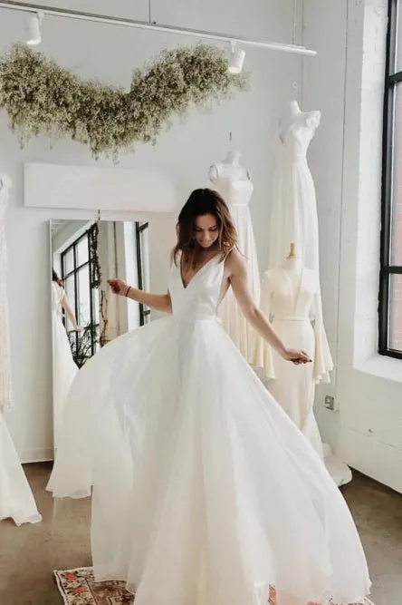 Simple A-Line V-Neck Backless Sweep Train White Chiffon Beach Wedding Dress OHD262