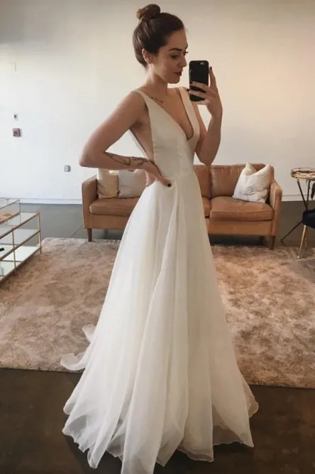Simple A-Line V-Neck Backless Sweep Train White Chiffon Beach Wedding Dress OHD262