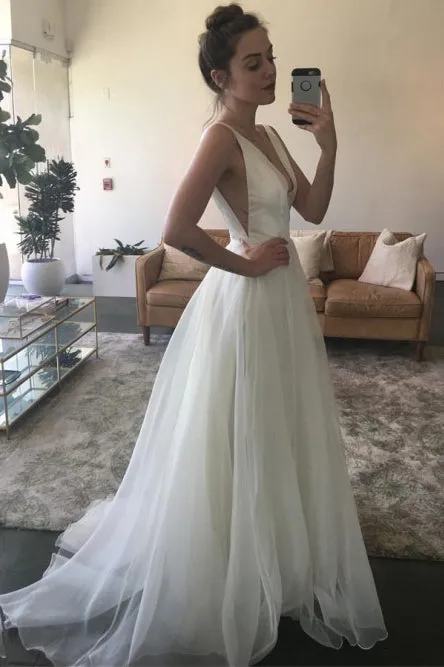 Simple A-Line V-Neck Backless Sweep Train White Chiffon Beach Wedding Dress OHD262