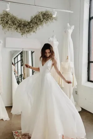 Simple A-Line V-Neck Backless Sweep Train White Chiffon Beach Wedding Dress OHD262