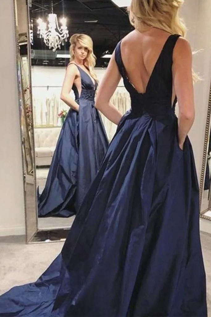 Simple Navy Blue Satin V Neck Long Open Back Prom Dress Backless Evening Dress OHC387