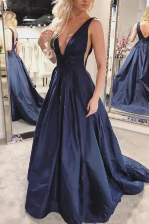Simple Navy Blue Satin V Neck Long Open Back Prom Dress Backless Evening Dress OHC387