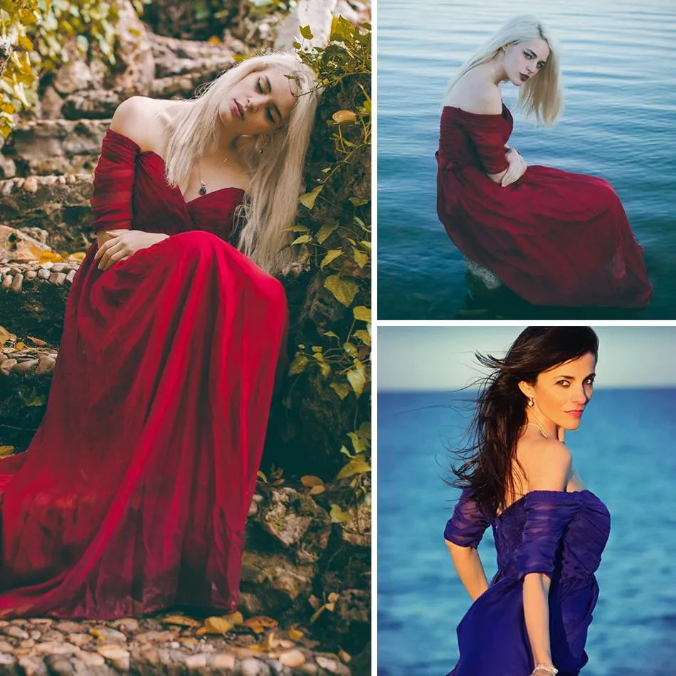 Simple Off The Shoulder Burgundy Prom Dresses Half Sleeves Evening Dresses