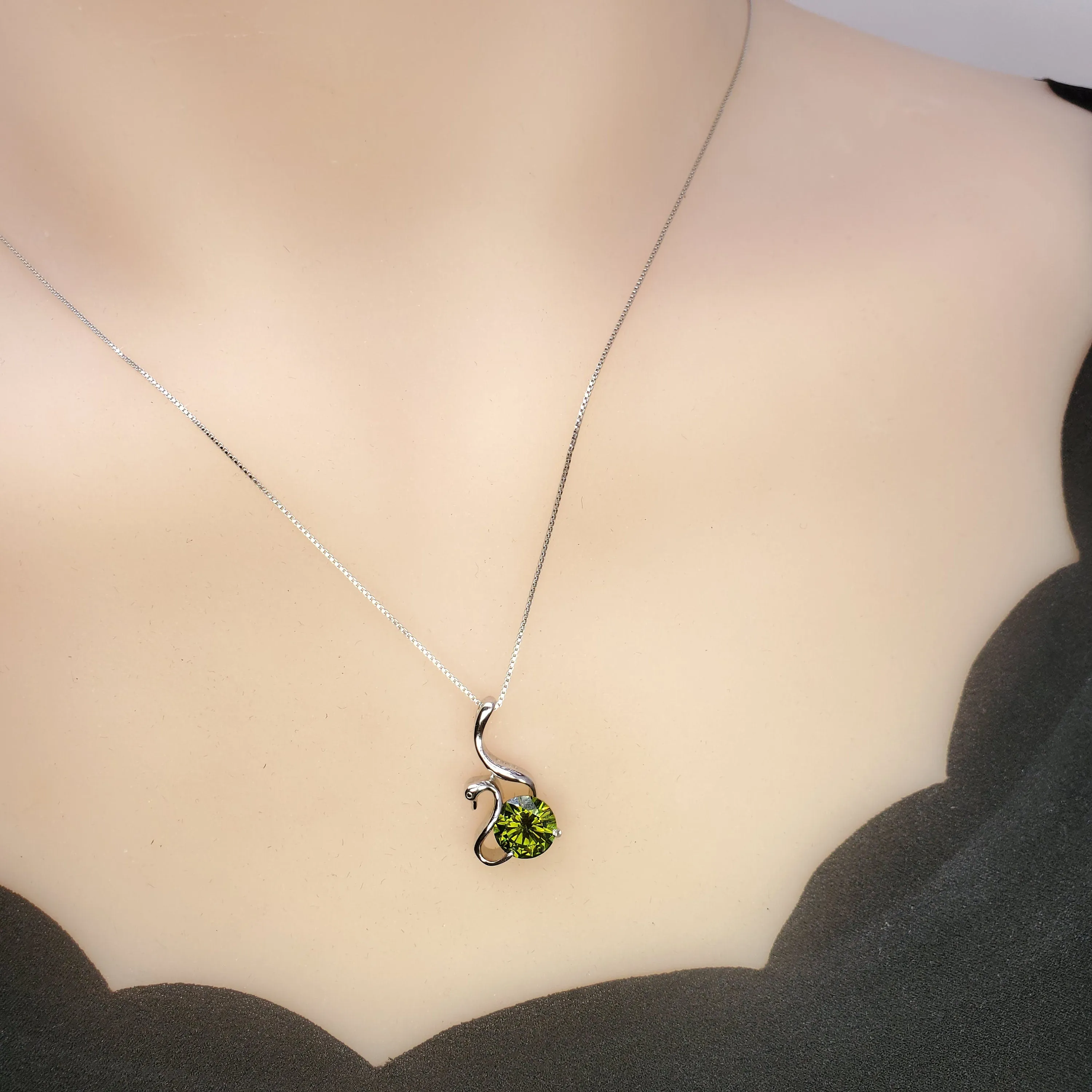 Sterling Silver Swan Peridot Necklace - 18KGP- Peridot Jewelry - Swan Necklace #152