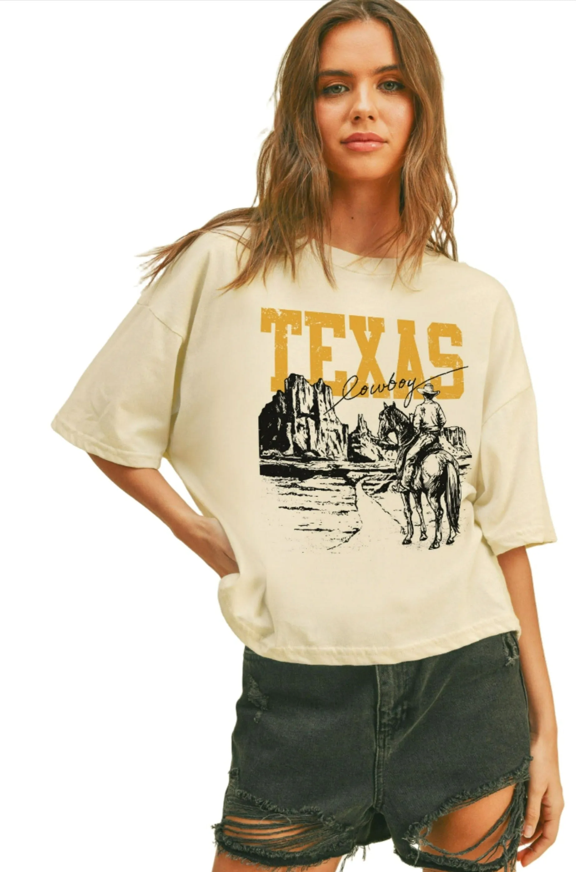 TEXAS COWBOY LONG CROP TEE - VINTAGE WHITE