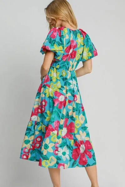 Tiered Floral Print Notched Puff Sleeve Midi Dress