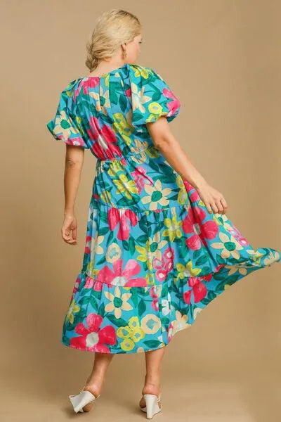 Tiered Floral Print Notched Puff Sleeve Midi Dress