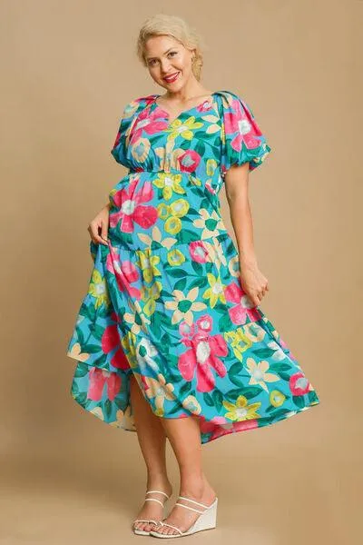 Tiered Floral Print Notched Puff Sleeve Midi Dress