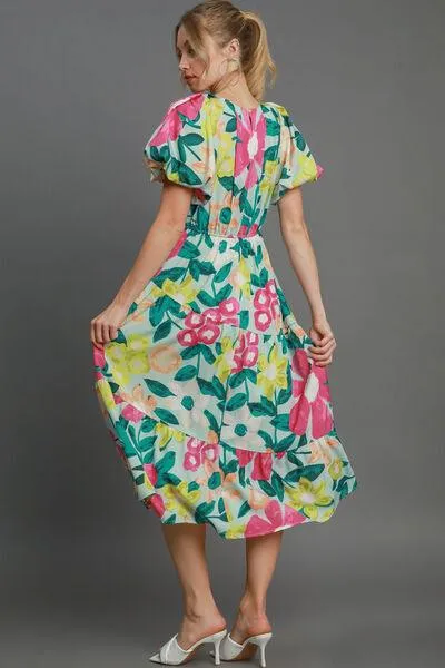 Tiered Floral Print Notched Puff Sleeve Midi Dress