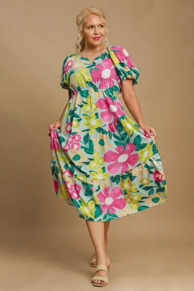 Tiered Floral Print Notched Puff Sleeve Midi Dress