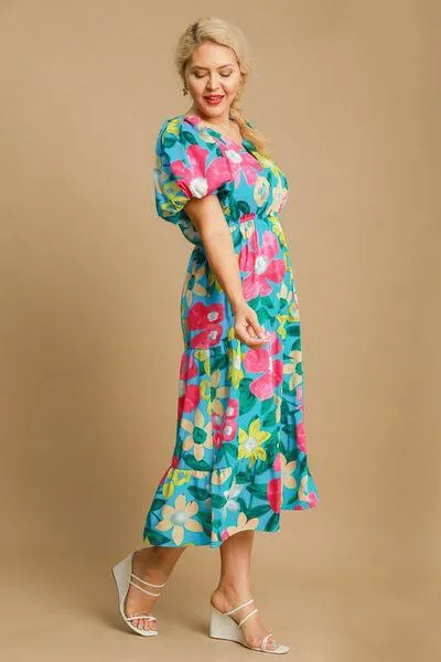 Tiered Floral Print Notched Puff Sleeve Midi Dress