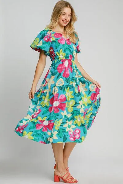 Tiered Floral Print Notched Puff Sleeve Midi Dress