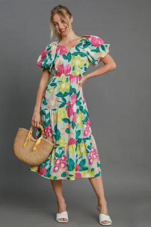 Tiered Floral Print Notched Puff Sleeve Midi Dress