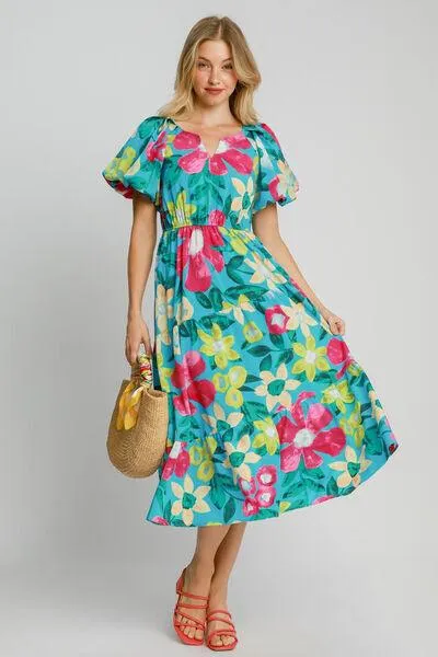 Tiered Floral Print Notched Puff Sleeve Midi Dress