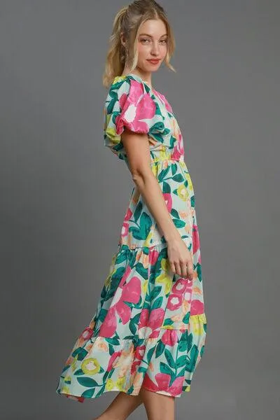 Tiered Floral Print Notched Puff Sleeve Midi Dress