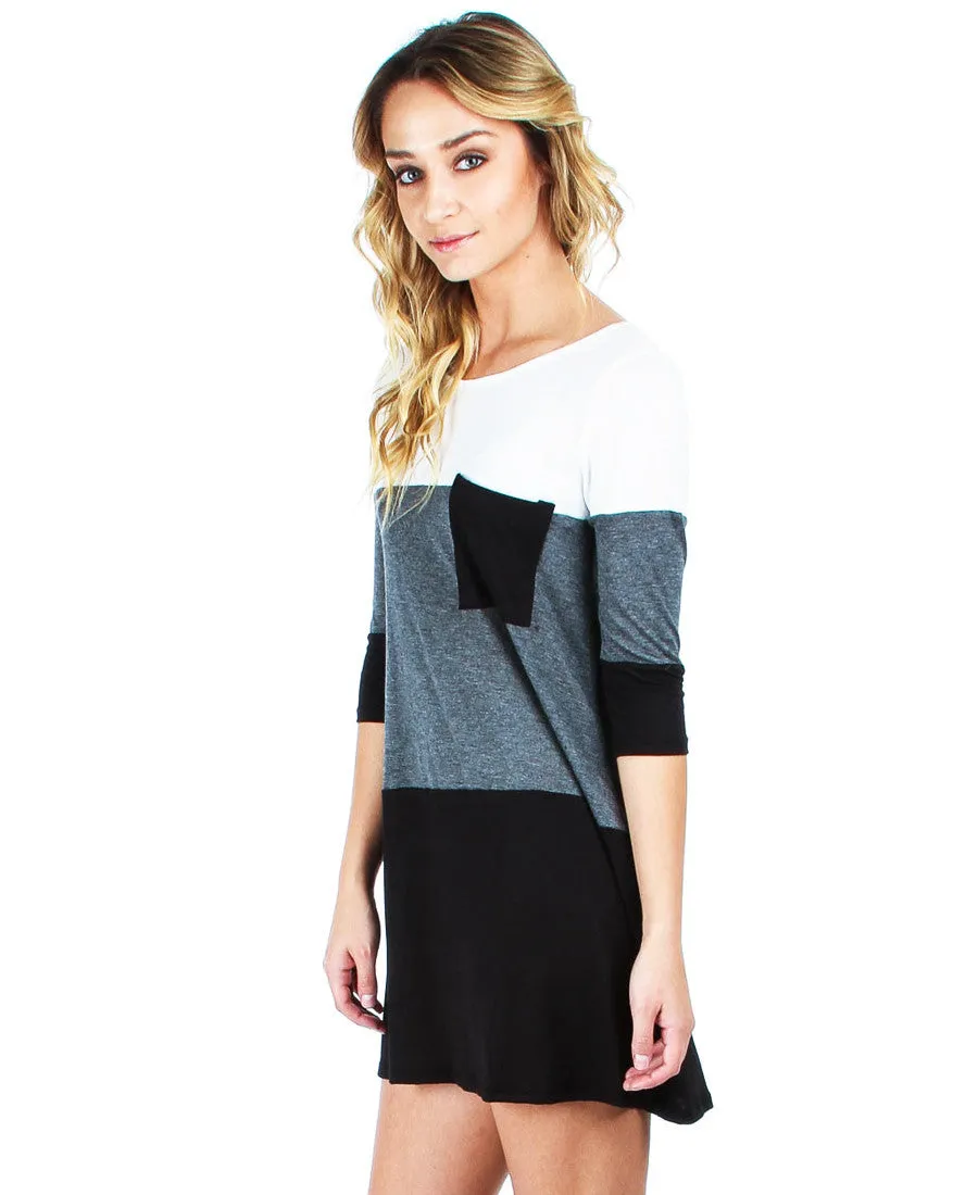 Tunic Top Casual Dress Oversized Round Neck Long Sleeve Charcoal Black White S
