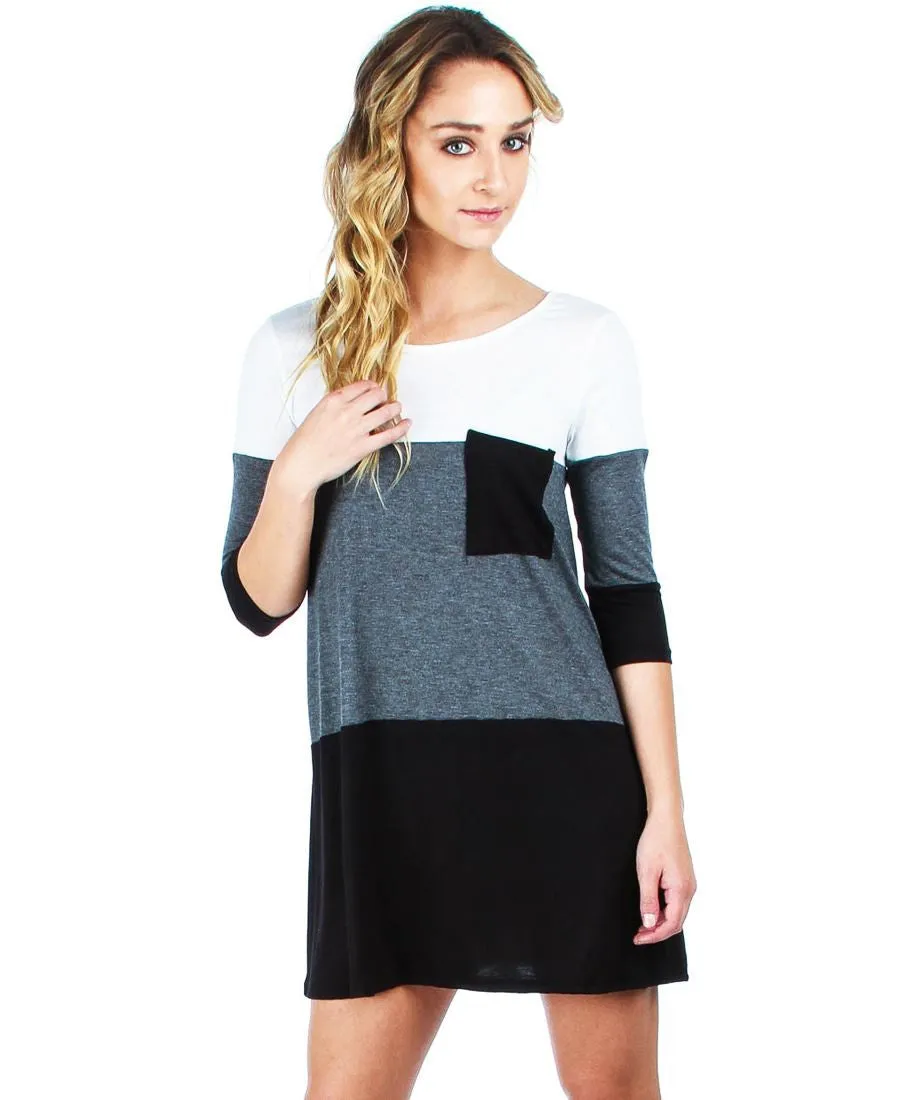 Tunic Top Casual Dress Oversized Round Neck Long Sleeve Charcoal Black White S