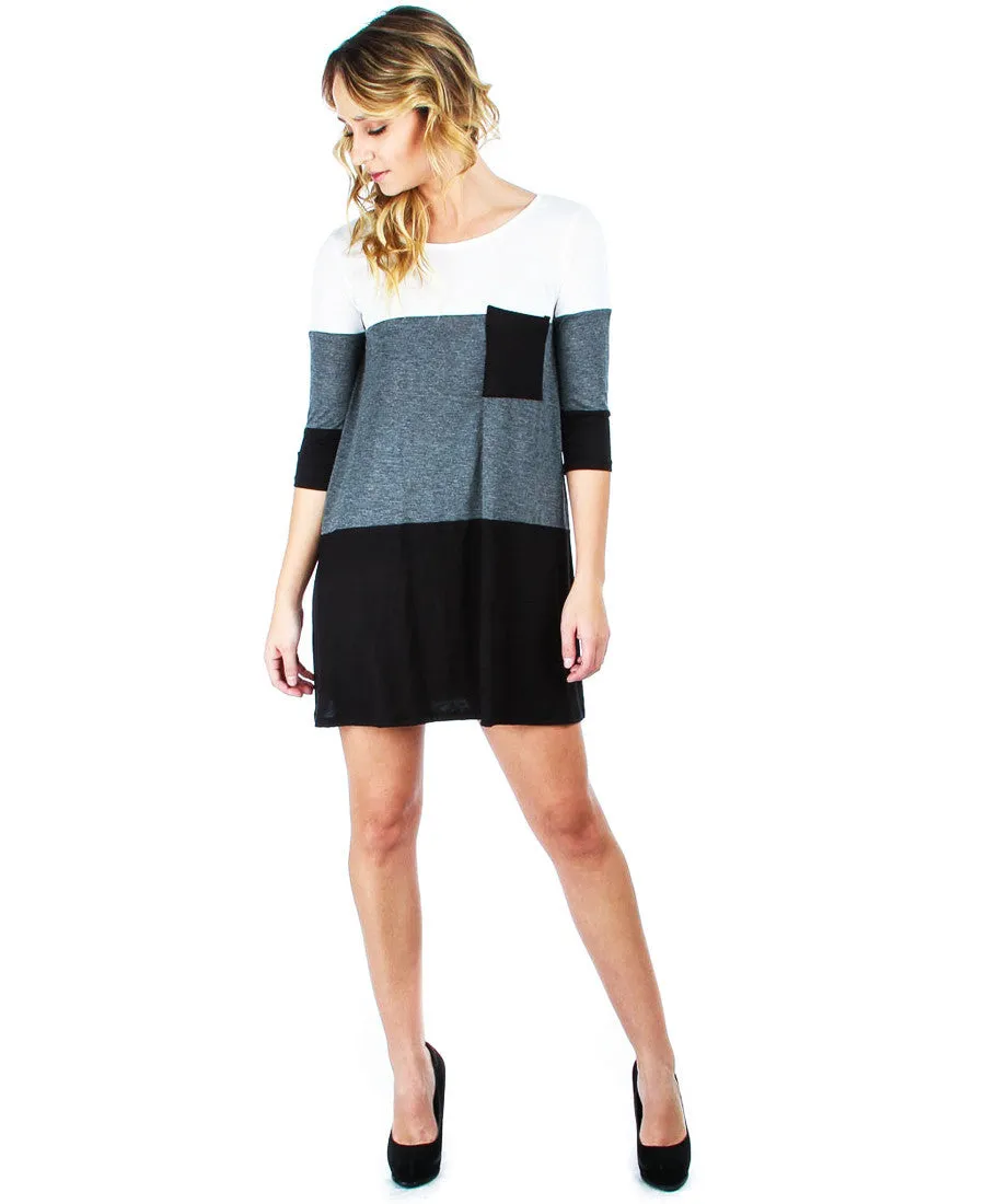Tunic Top Casual Dress Oversized Round Neck Long Sleeve Charcoal Black White S
