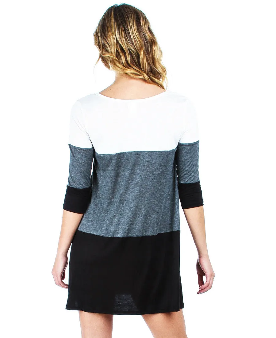 Tunic Top Casual Dress Oversized Round Neck Long Sleeve Charcoal Black White S