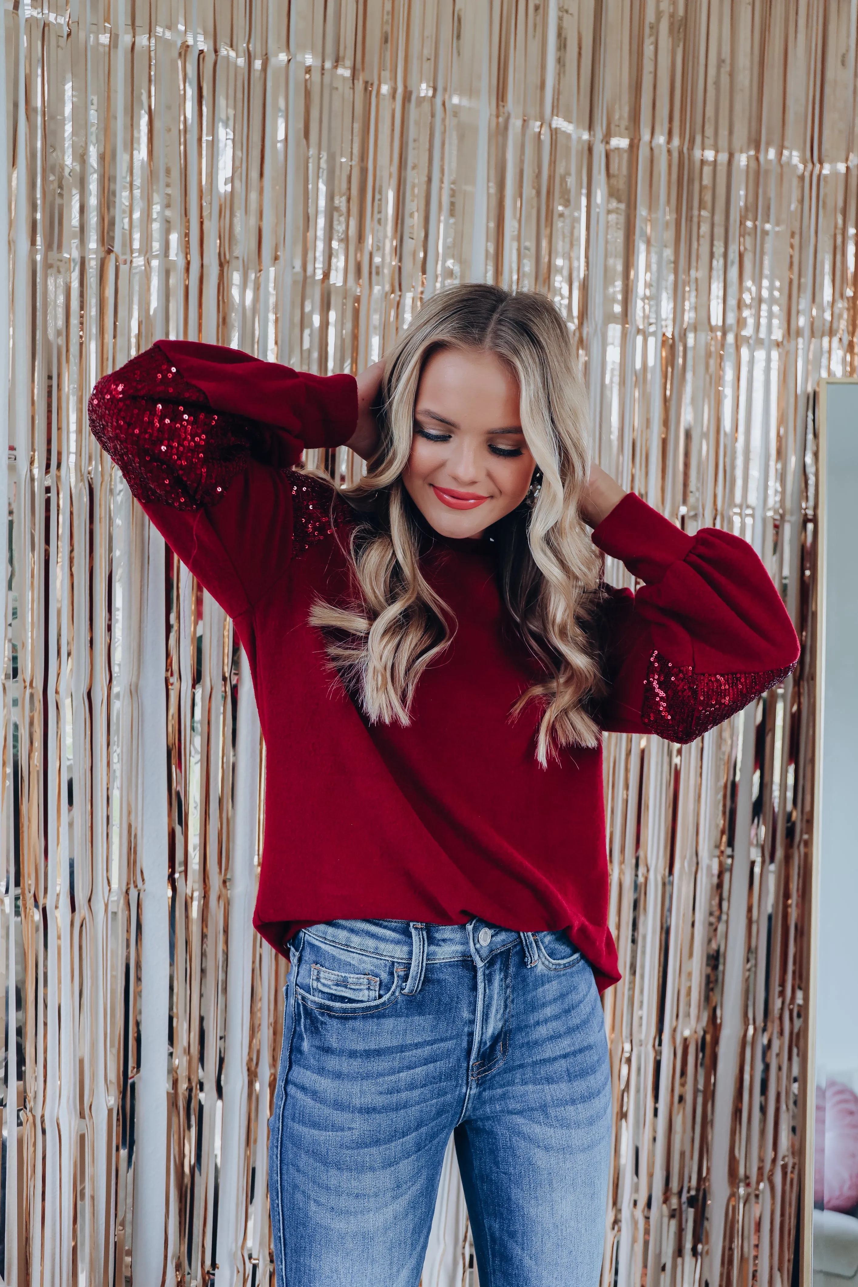 Twinkle Twinkle Sequin Sleeve Top - Burgundy