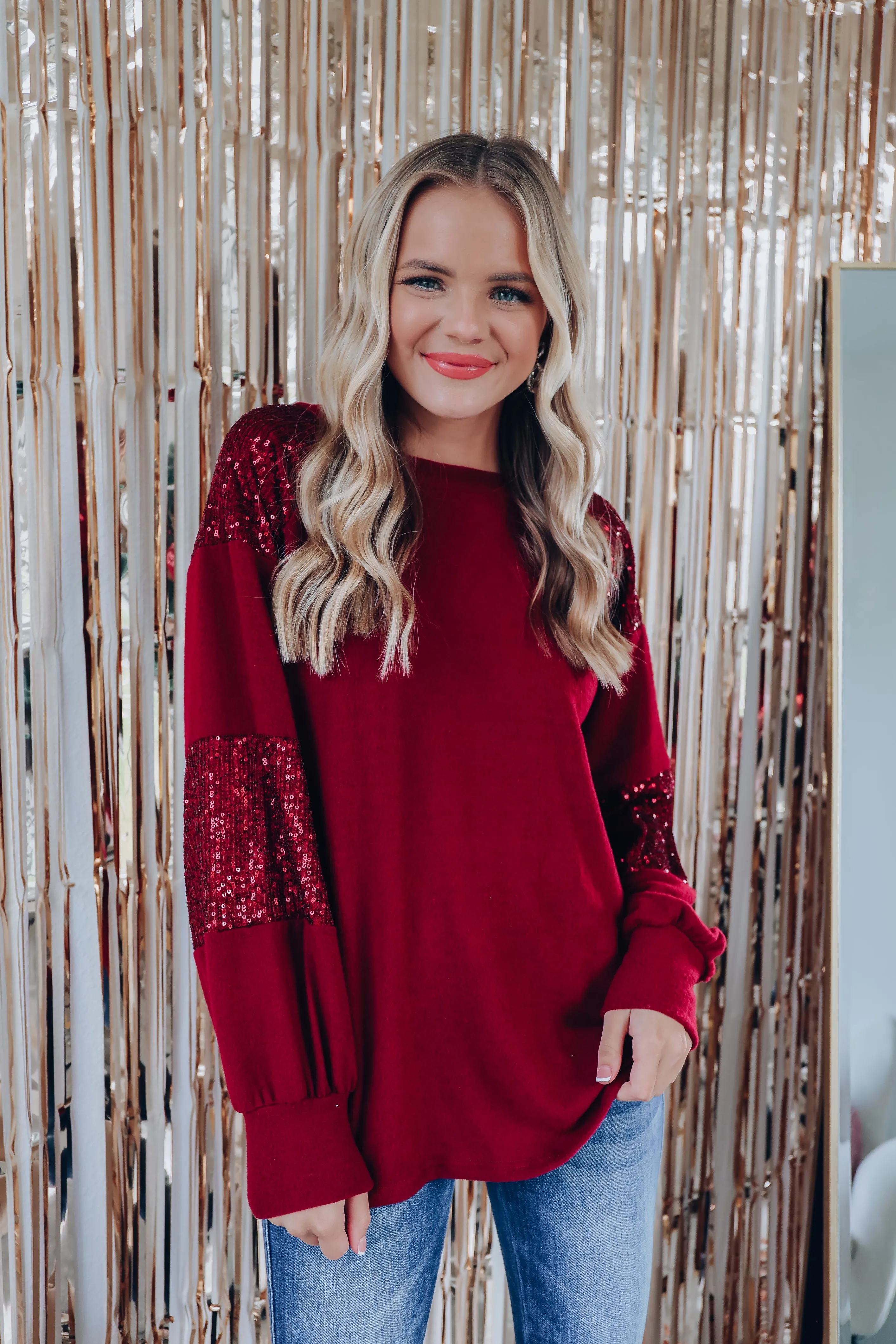 Twinkle Twinkle Sequin Sleeve Top - Burgundy