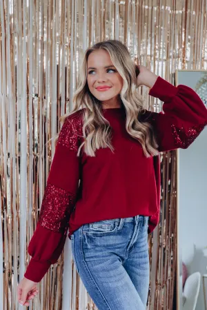 Twinkle Twinkle Sequin Sleeve Top - Burgundy