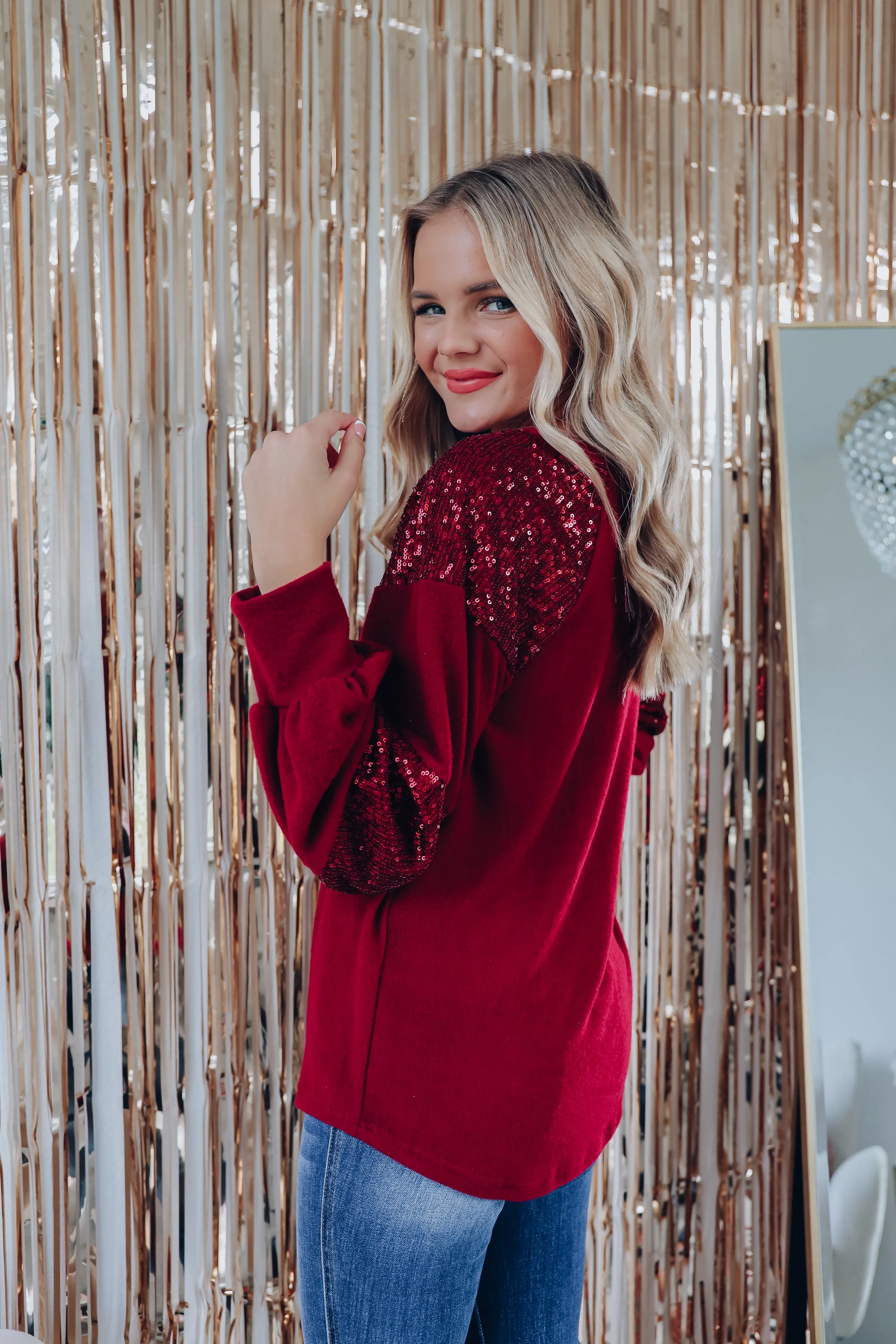 Twinkle Twinkle Sequin Sleeve Top - Burgundy