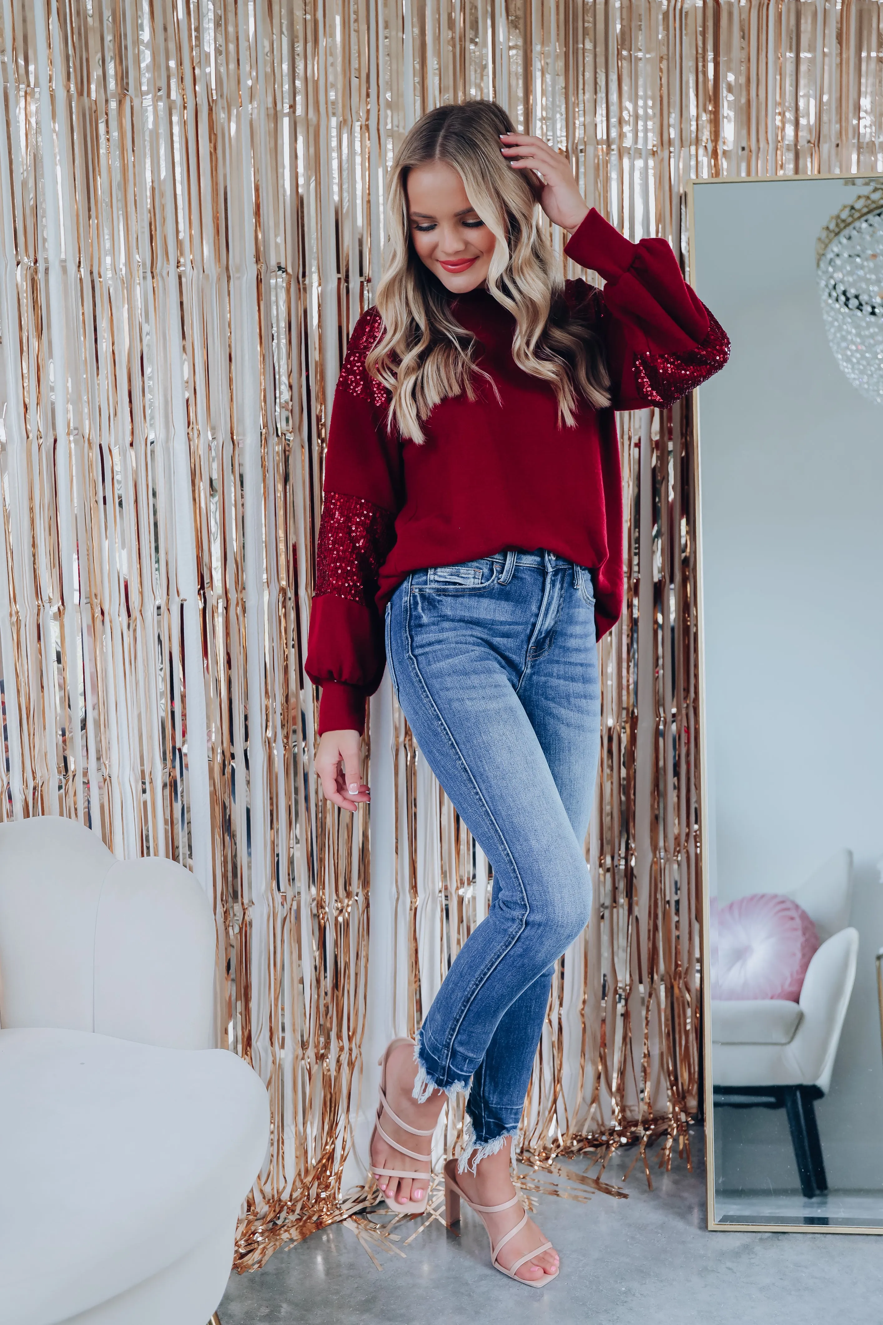 Twinkle Twinkle Sequin Sleeve Top - Burgundy