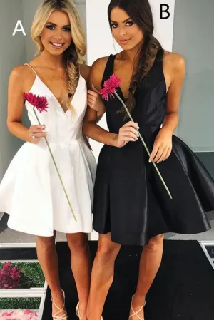 V Neck White/Black Satin Short Homecoming Dresses Backless OHM030