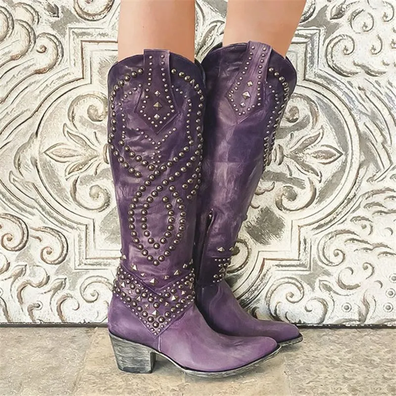 Vintage Style Rivet Deco Non-Slip Chunky Heel Pointed Toe Boots