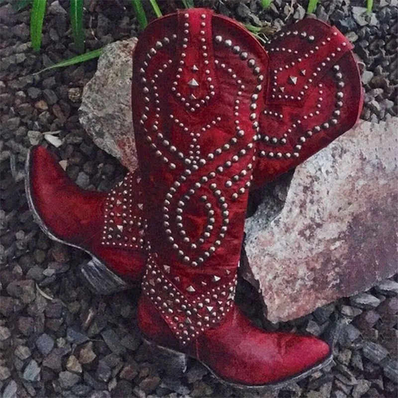 Vintage Style Rivet Deco Non-Slip Chunky Heel Pointed Toe Boots