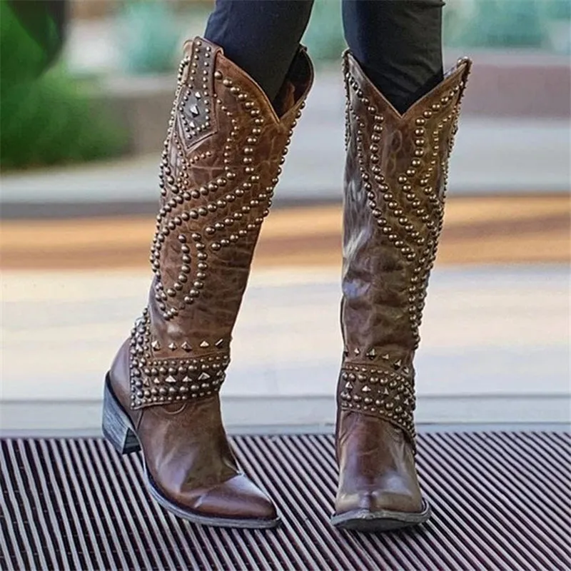 Vintage Style Rivet Deco Non-Slip Chunky Heel Pointed Toe Boots