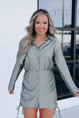 Weekend Worthy Ruched Shirt Dress - Olive