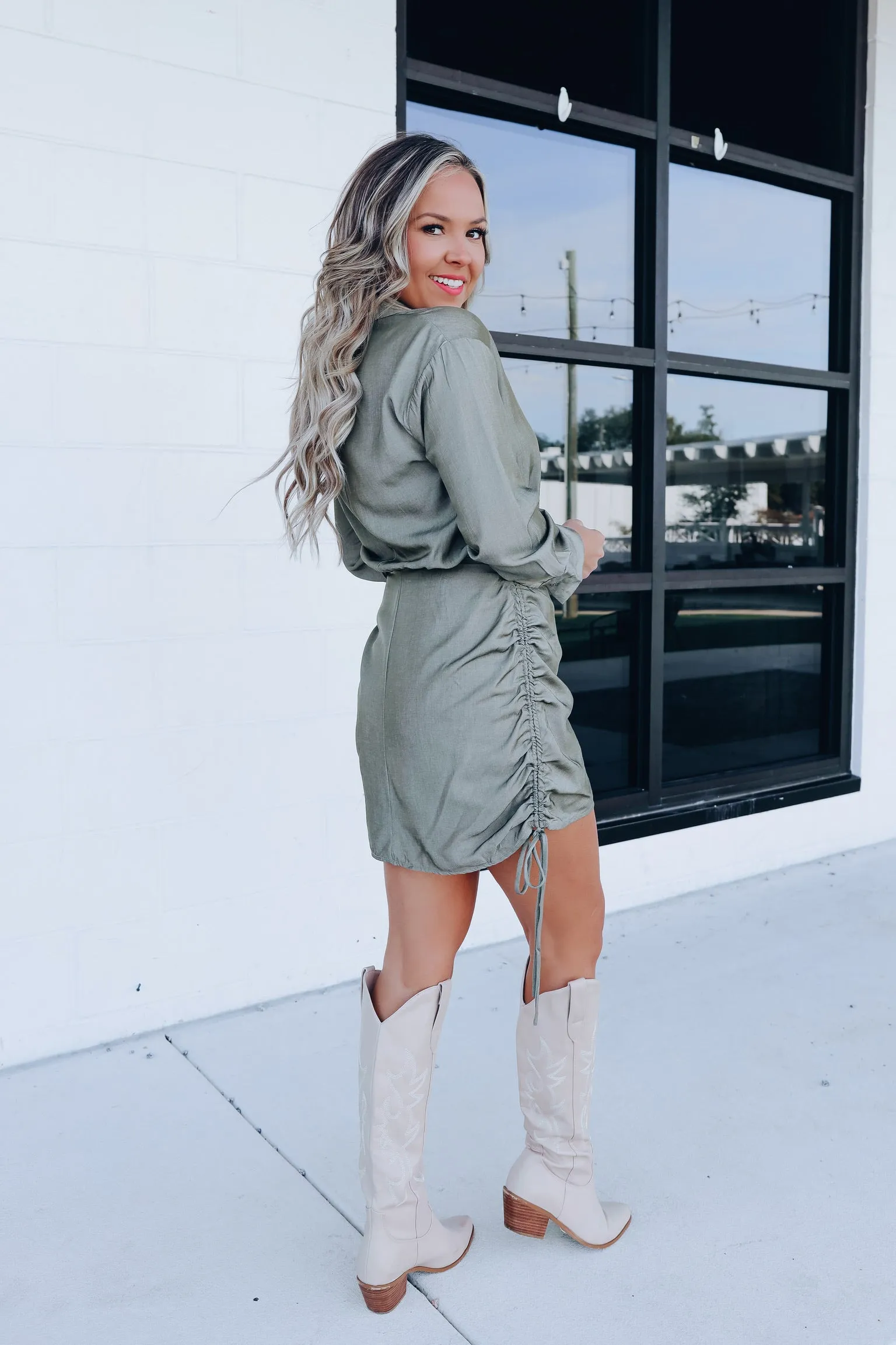 Weekend Worthy Ruched Shirt Dress - Olive