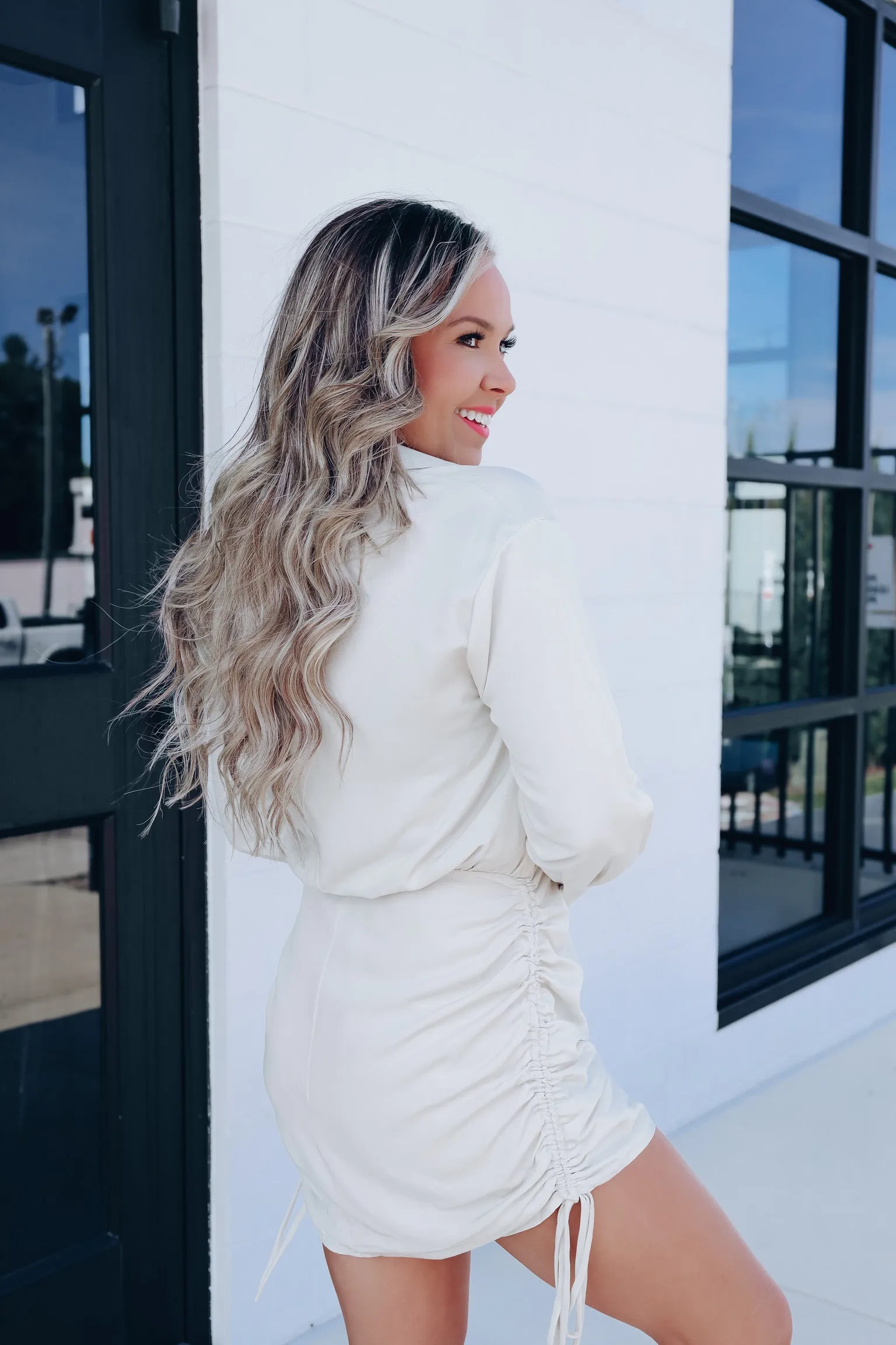 Weekend Worthy Ruched Shirt Dress - Stone