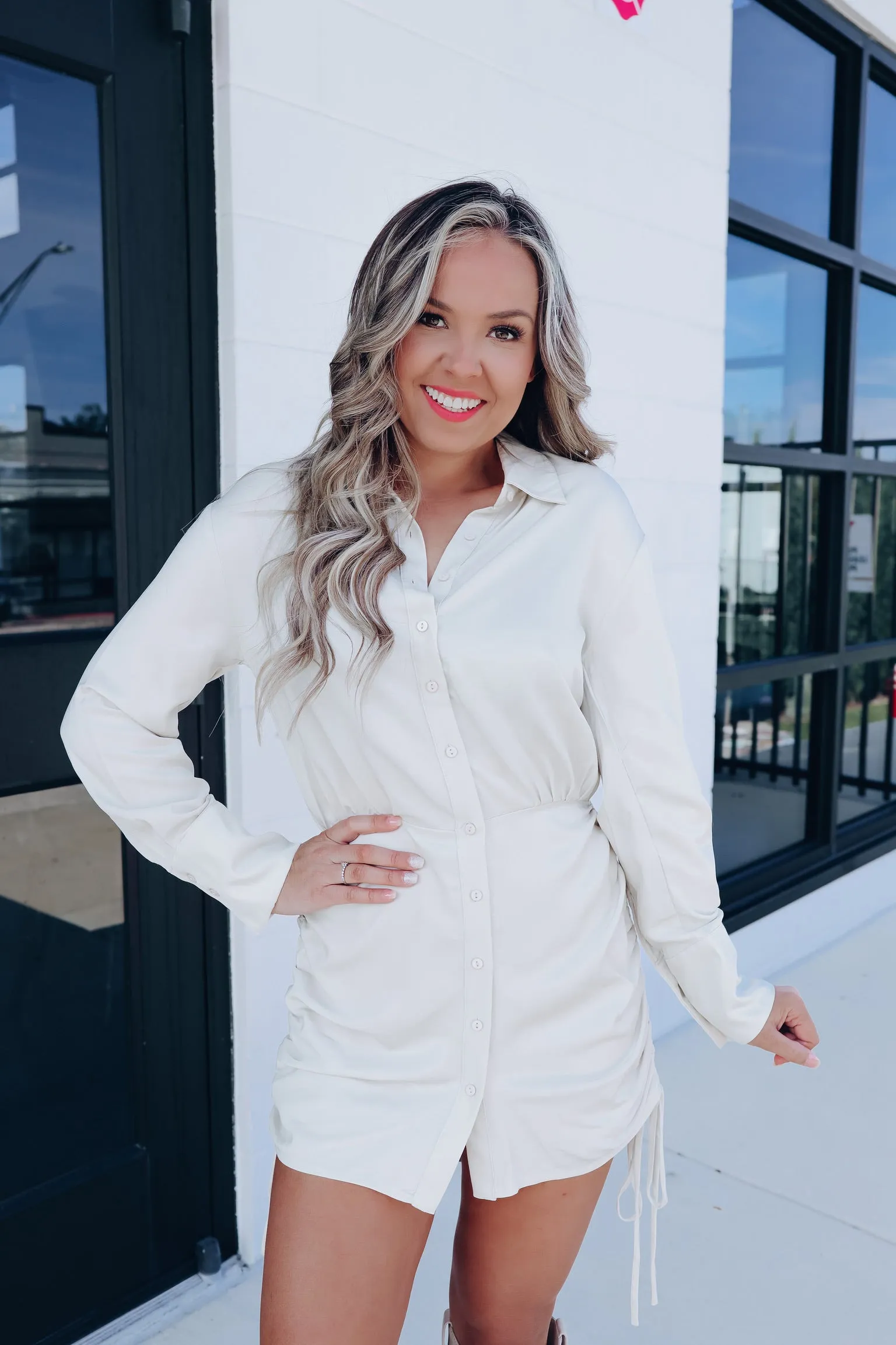 Weekend Worthy Ruched Shirt Dress - Stone
