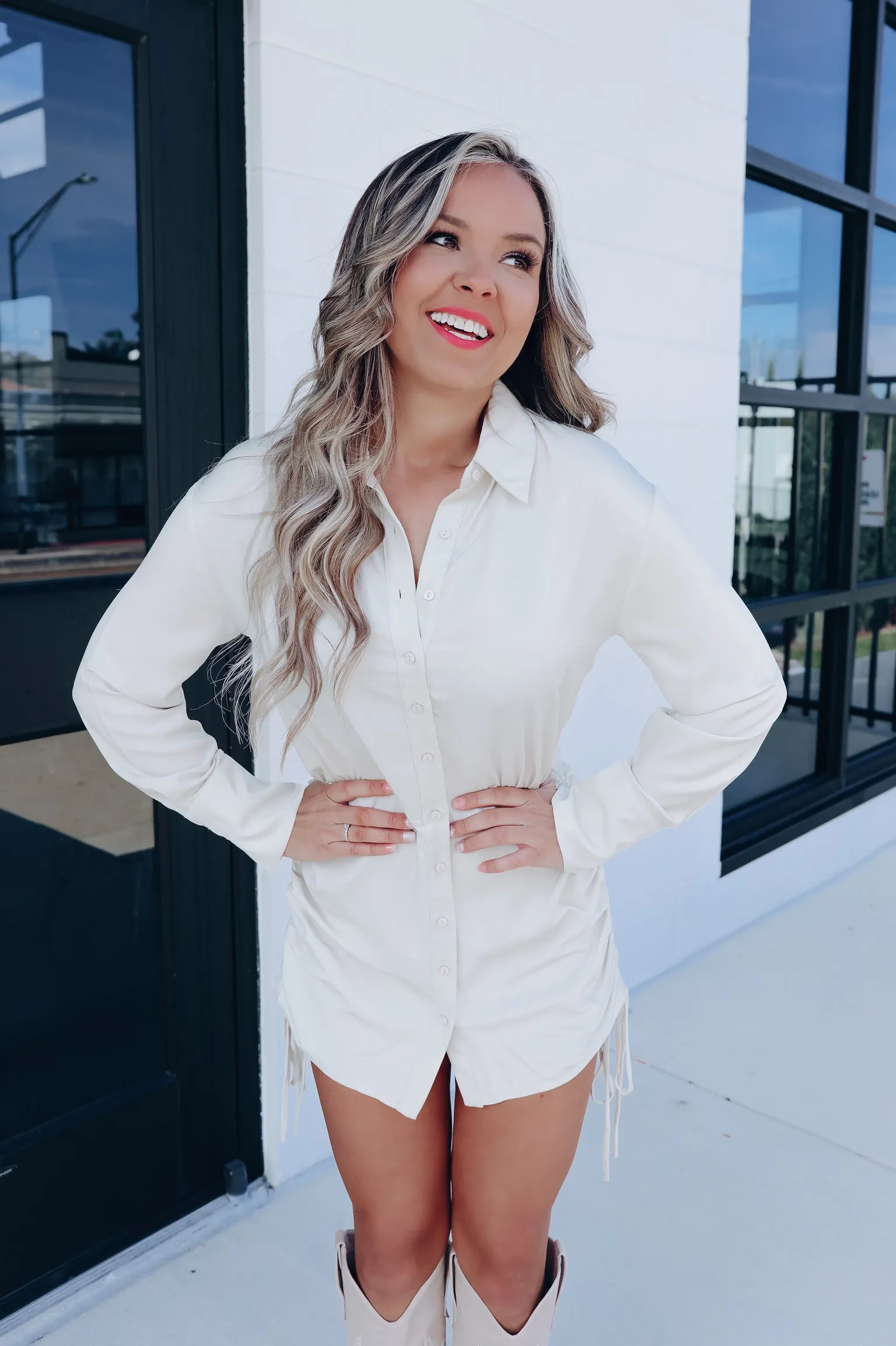 Weekend Worthy Ruched Shirt Dress - Stone