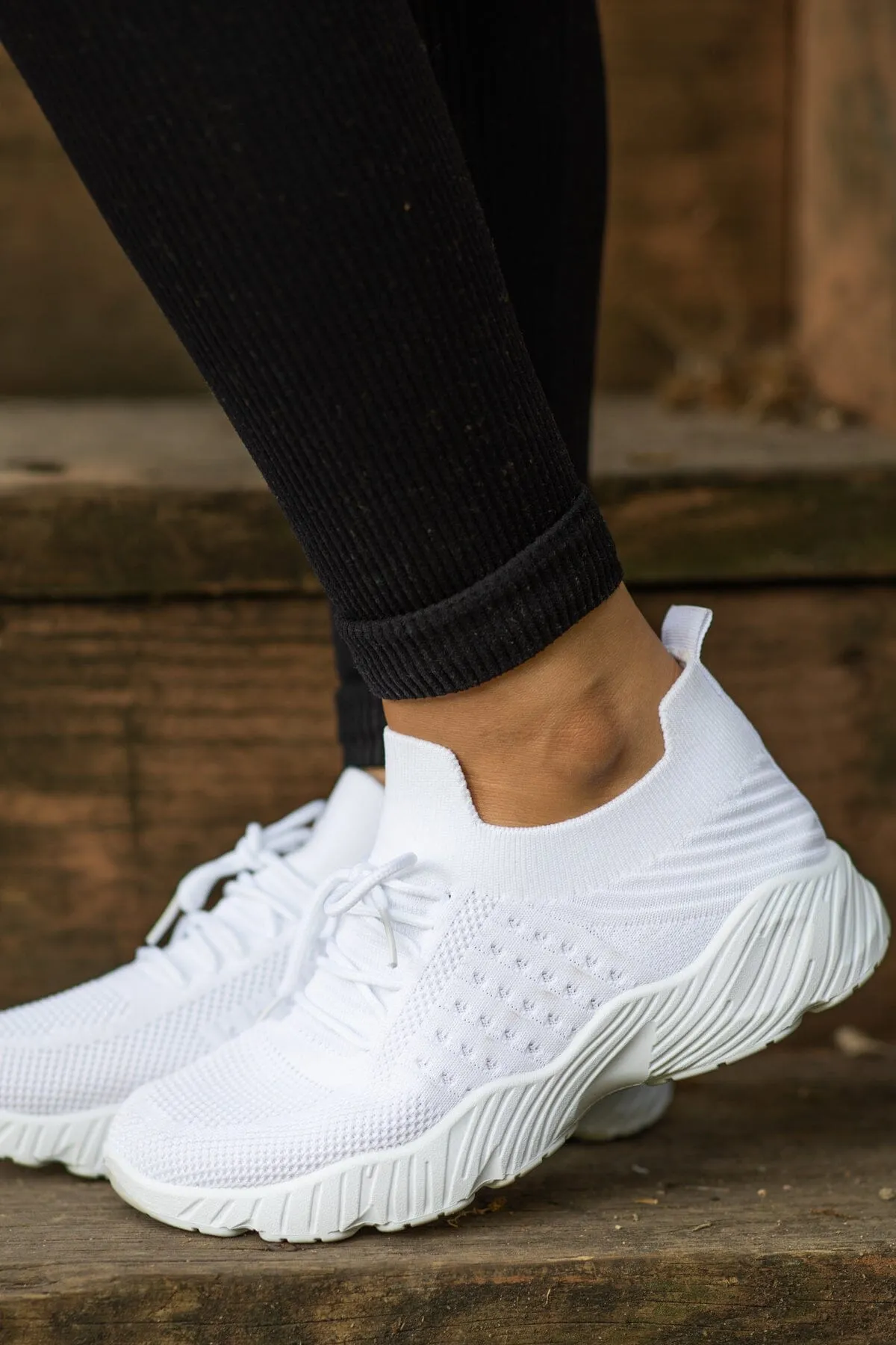 White Fly Knit Lace Up Sneakers