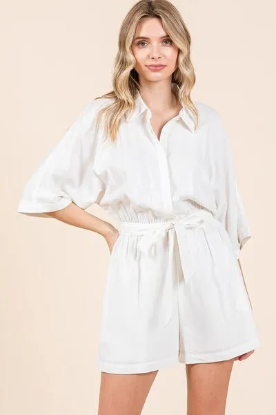 White Tie Waist Half Sleeve Romper