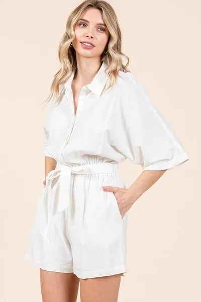 White Tie Waist Half Sleeve Romper