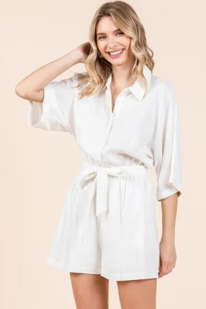 White Tie Waist Half Sleeve Romper