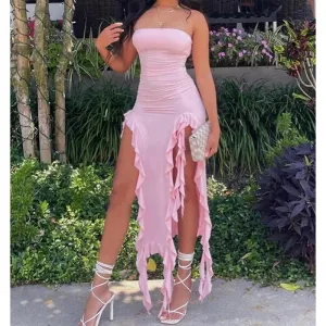 Women’s Strapless Sexy Floral High Slit Mini Dress